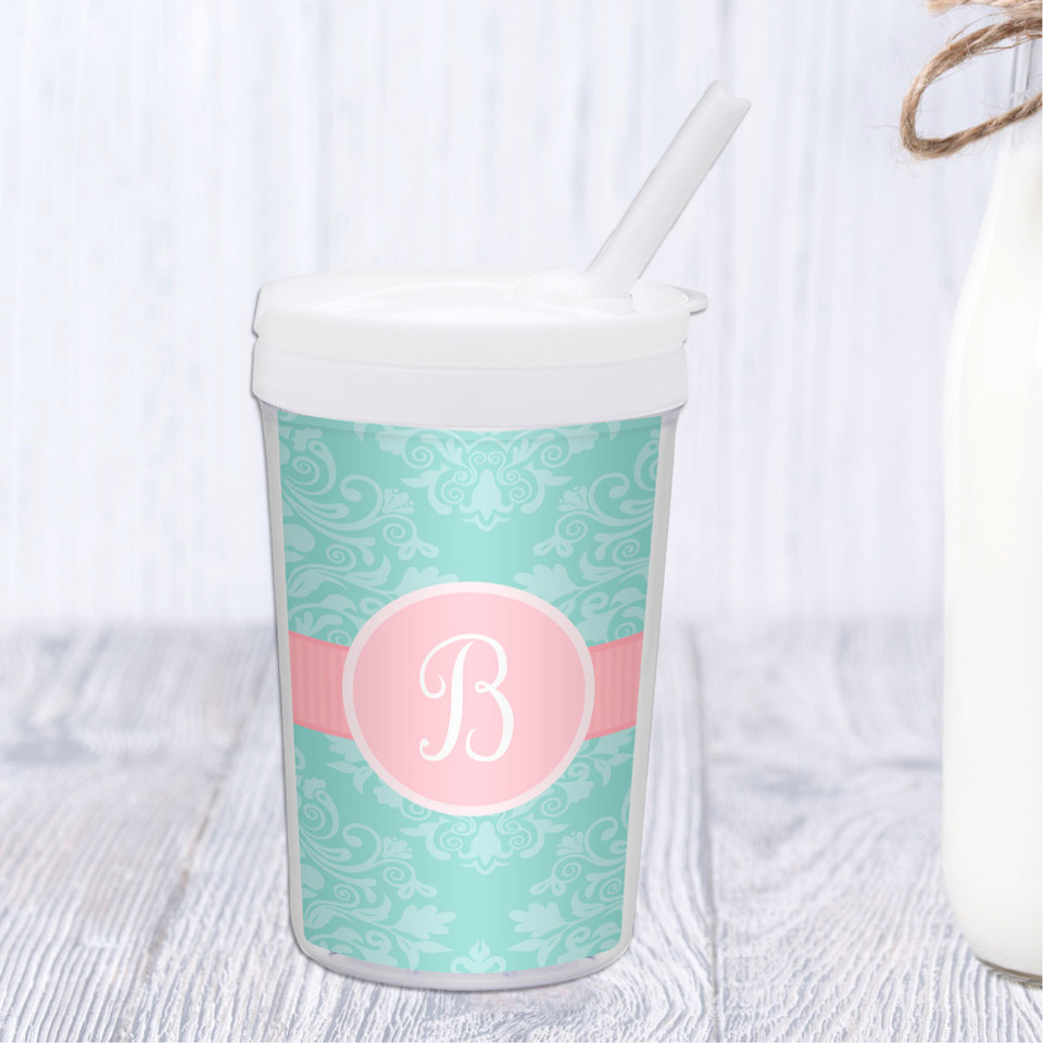 Pretty Blue Damask Personalized Kids Cups