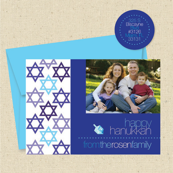 Shown with optional bright blue envelope and matching return address label