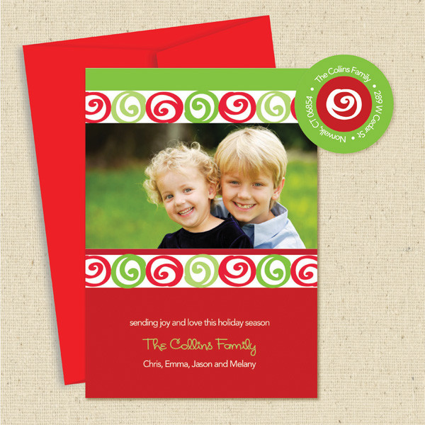 Shown with red envelope and matching return address label