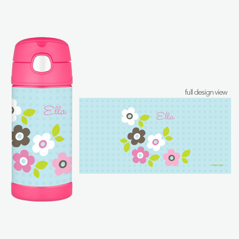 Blue Preppy Flowers Personalized Thermos For Kids