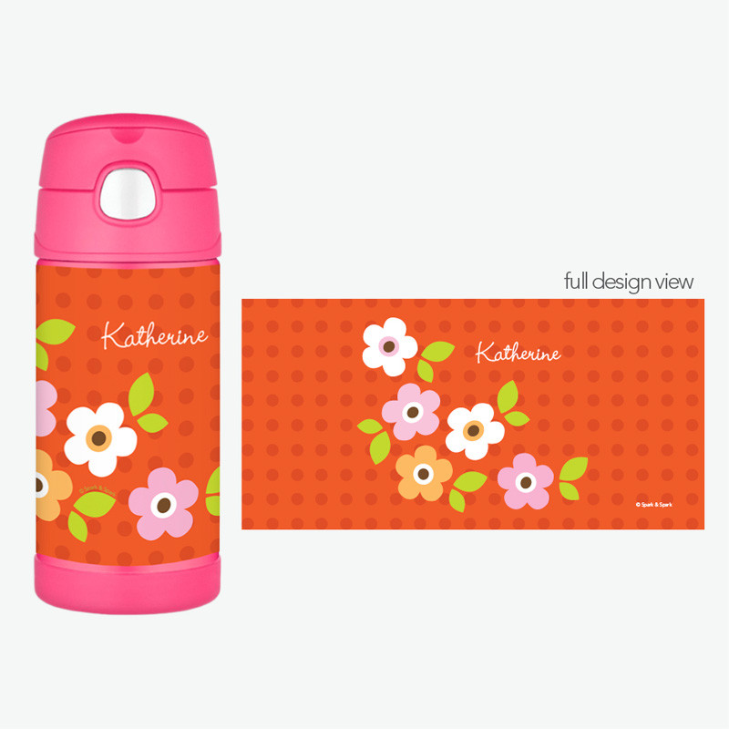 Orange Preppy Flowers Personalized Thermos For Kids
