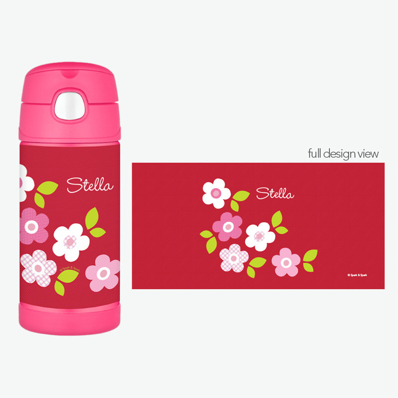 Red Preppy Flowers Personalized Thermos For Kids