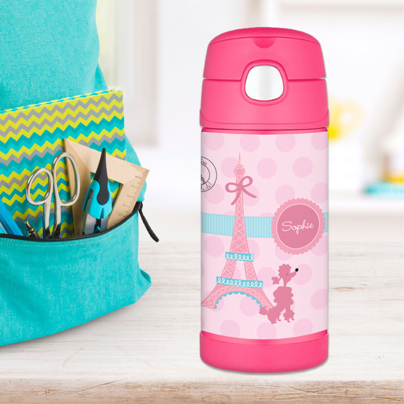 Pink Poodle In Paris Personalized Thermos For Kids