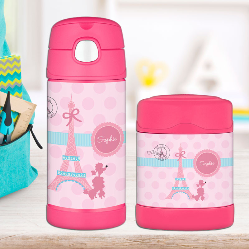 Pink Poodle In Paris Personalized Thermos For Kids