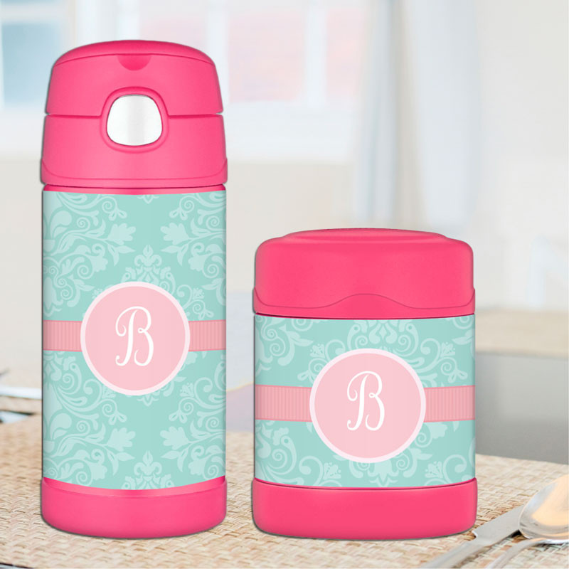 Pretty Blue Damask Personalized Thermos For Kids