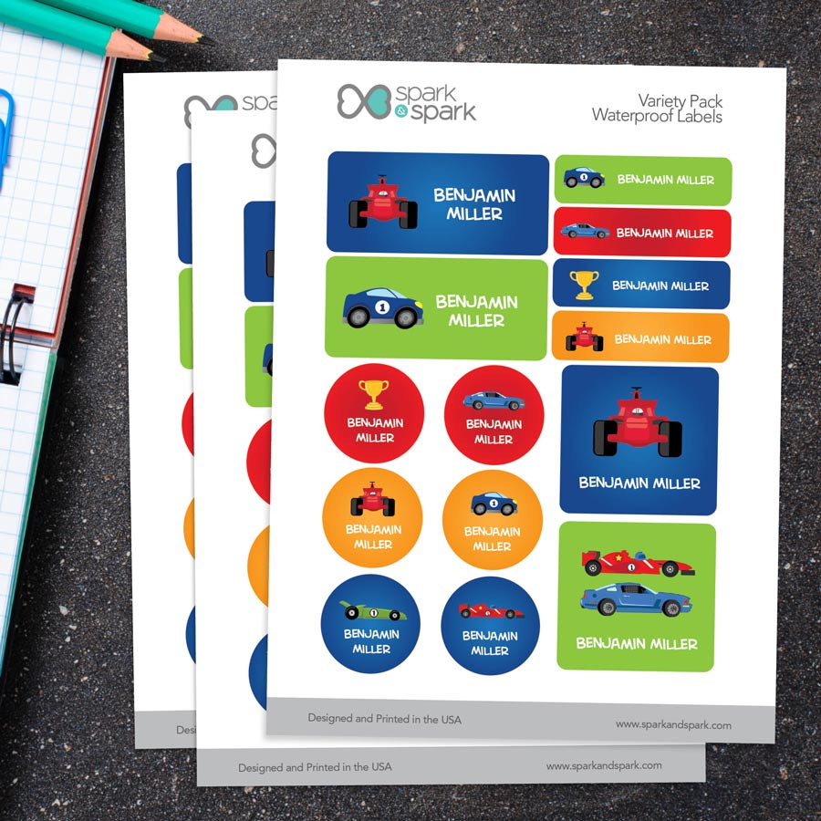 Race Cars Waterproof Labels Variety Pack (Set of 56)