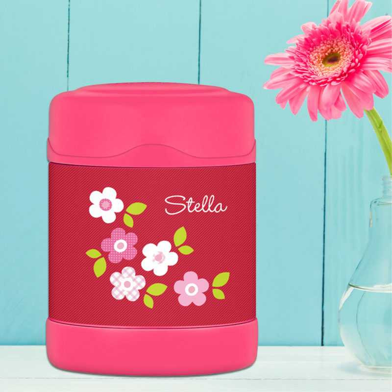 red preppy flowers personalized thermos food jar for kids