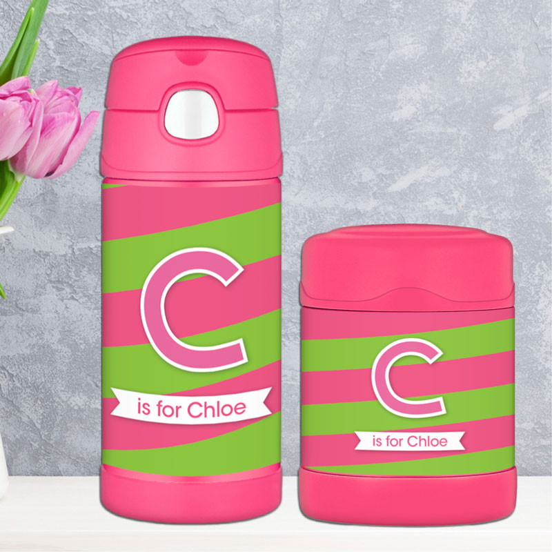 Double Initial Stripes Pink Thermos Food Jar