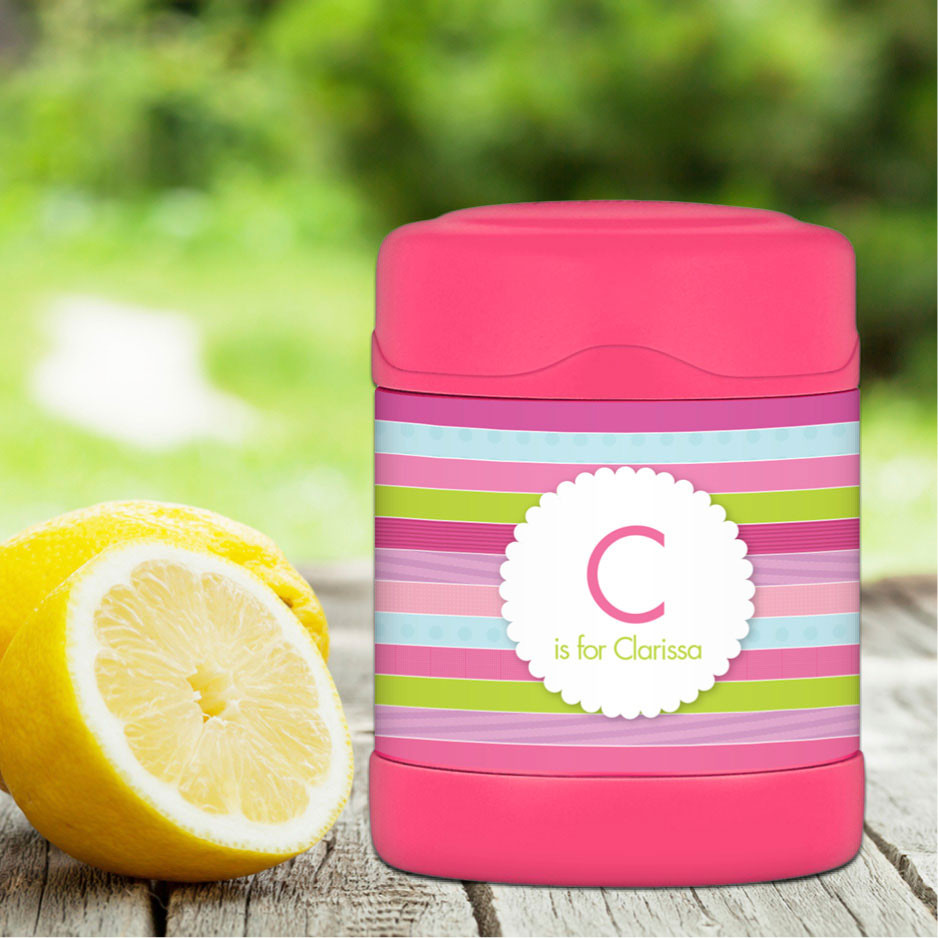 pastel stripes personalized thermos food jar for kids