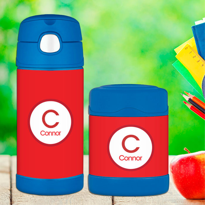 A Linen Red Letter Thermos Food Jar