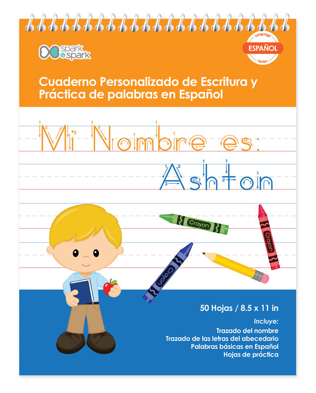 Personalized Spanish Writing Books with a Blonde Kid