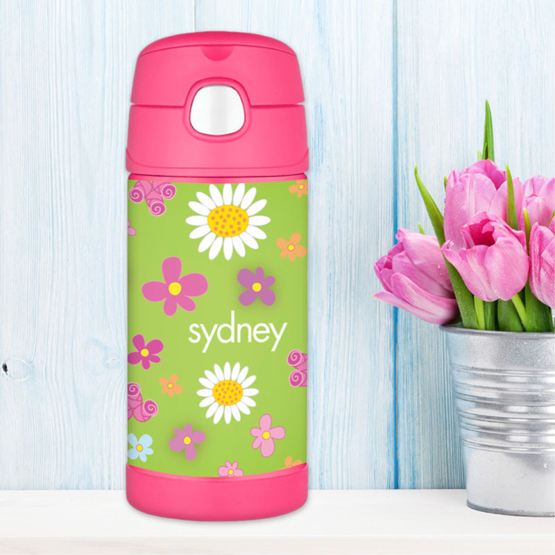 Green Field Of Flowers Personalized Thermos For Kids