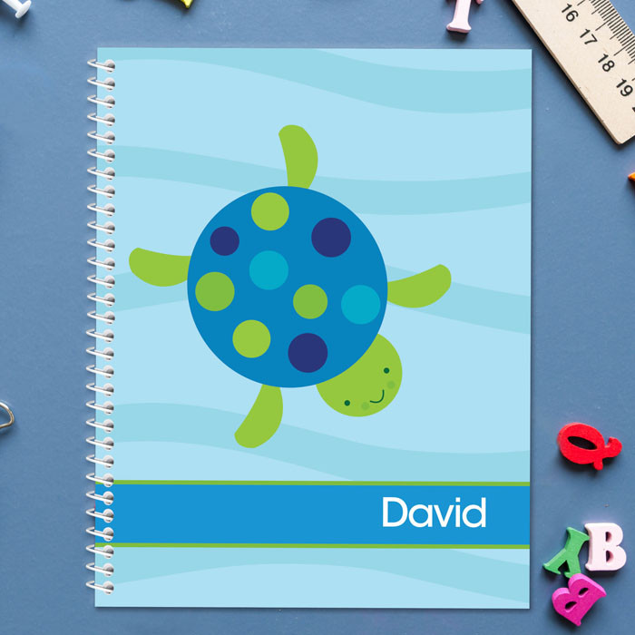 swimming blue turtle personalized notebook for kids