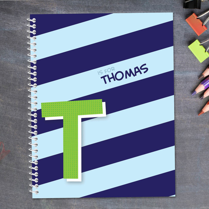 blue brilliant initial personalized notebook for kids