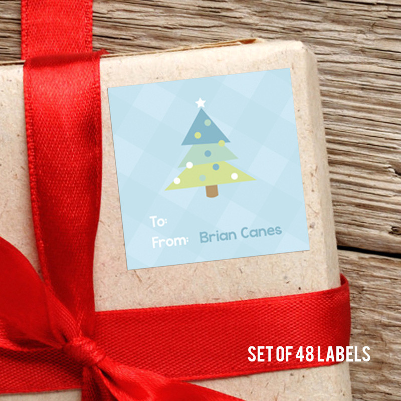 Modern Blue Xmas Tree Gift Label