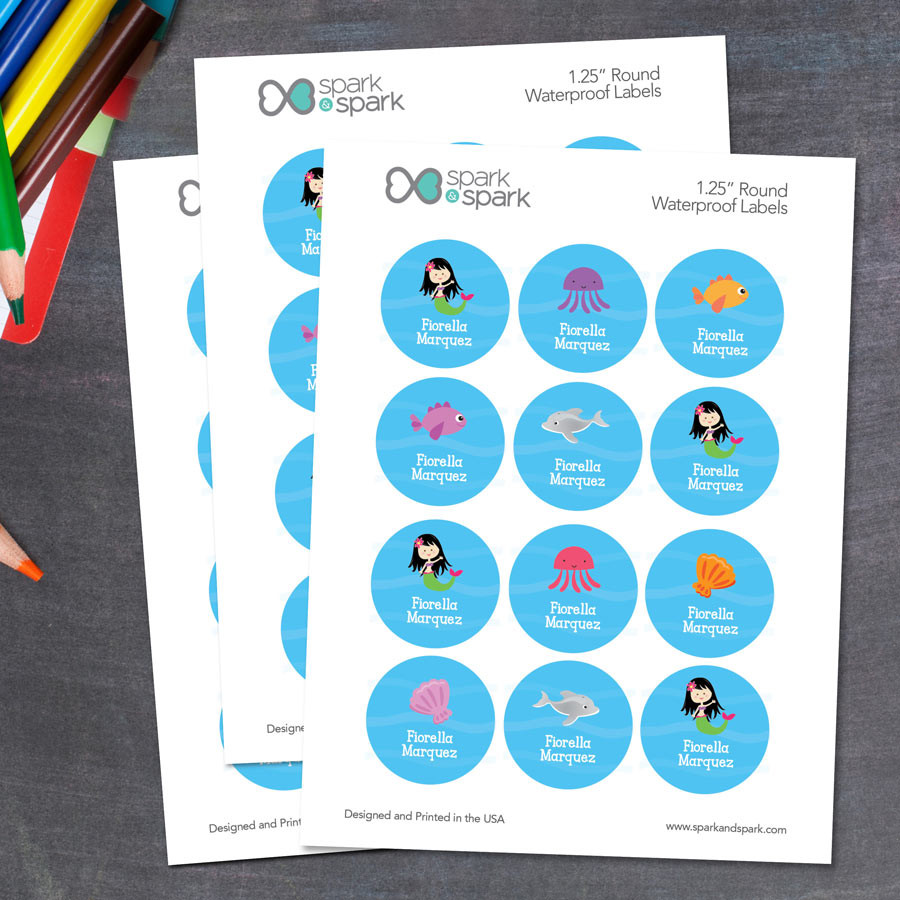 Sweet Mermaid Waterproof Round Labels for Kids (Set of 48)