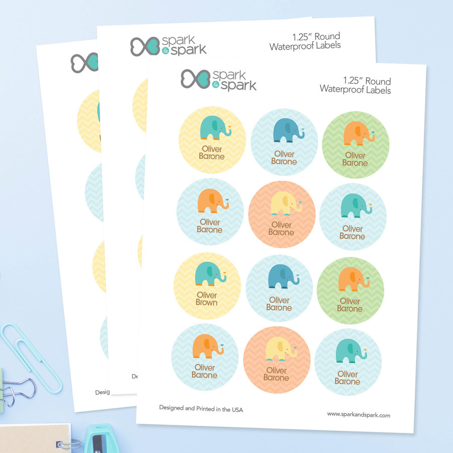 Sweet Blue Elephant Waterproof Labels for Kids (Set of 48)