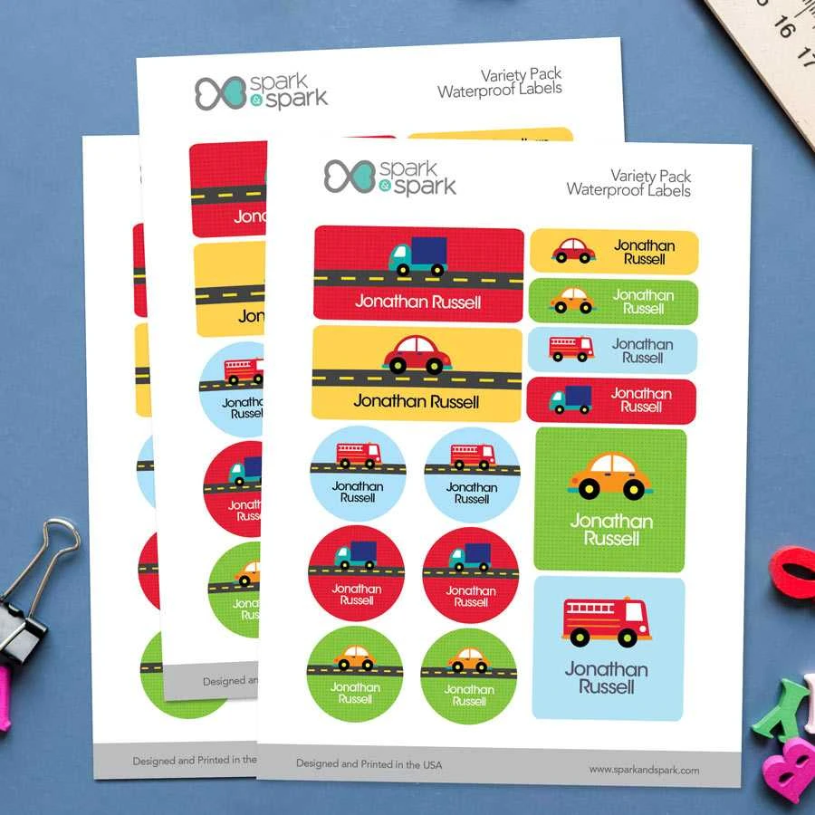 Cute Cars & Trucks Waterproof Labels Variety Pack (Set of 56)