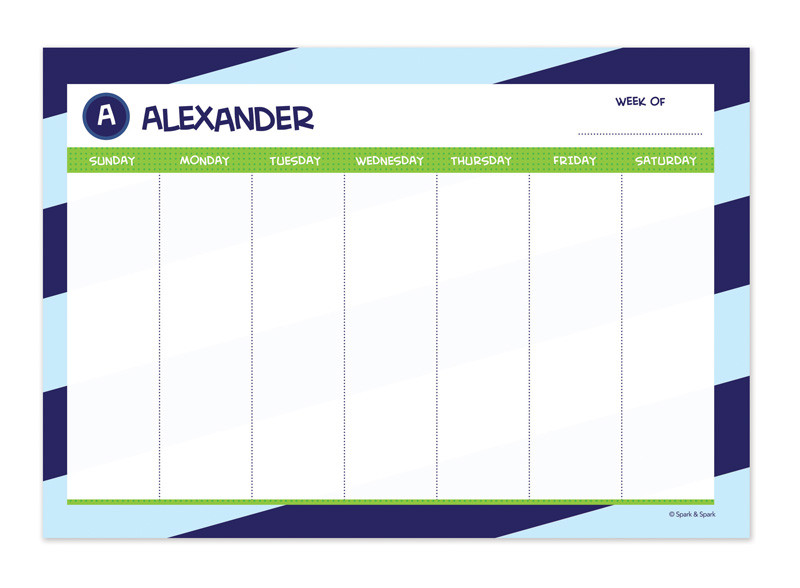 Brilliant initial Blue Weekly Removable Wall Calendar