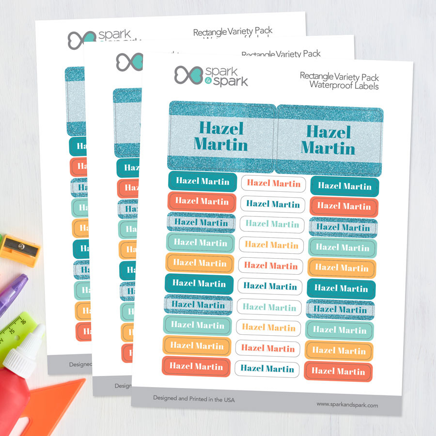 Glitter Blue Name Waterproof Labels Rectangular Pack