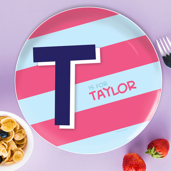 Double Initial Stripes Blue Kids Plates