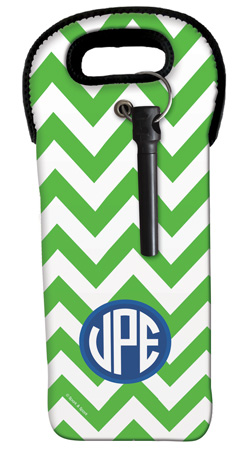 Green Chevron & Initials Wine Tote