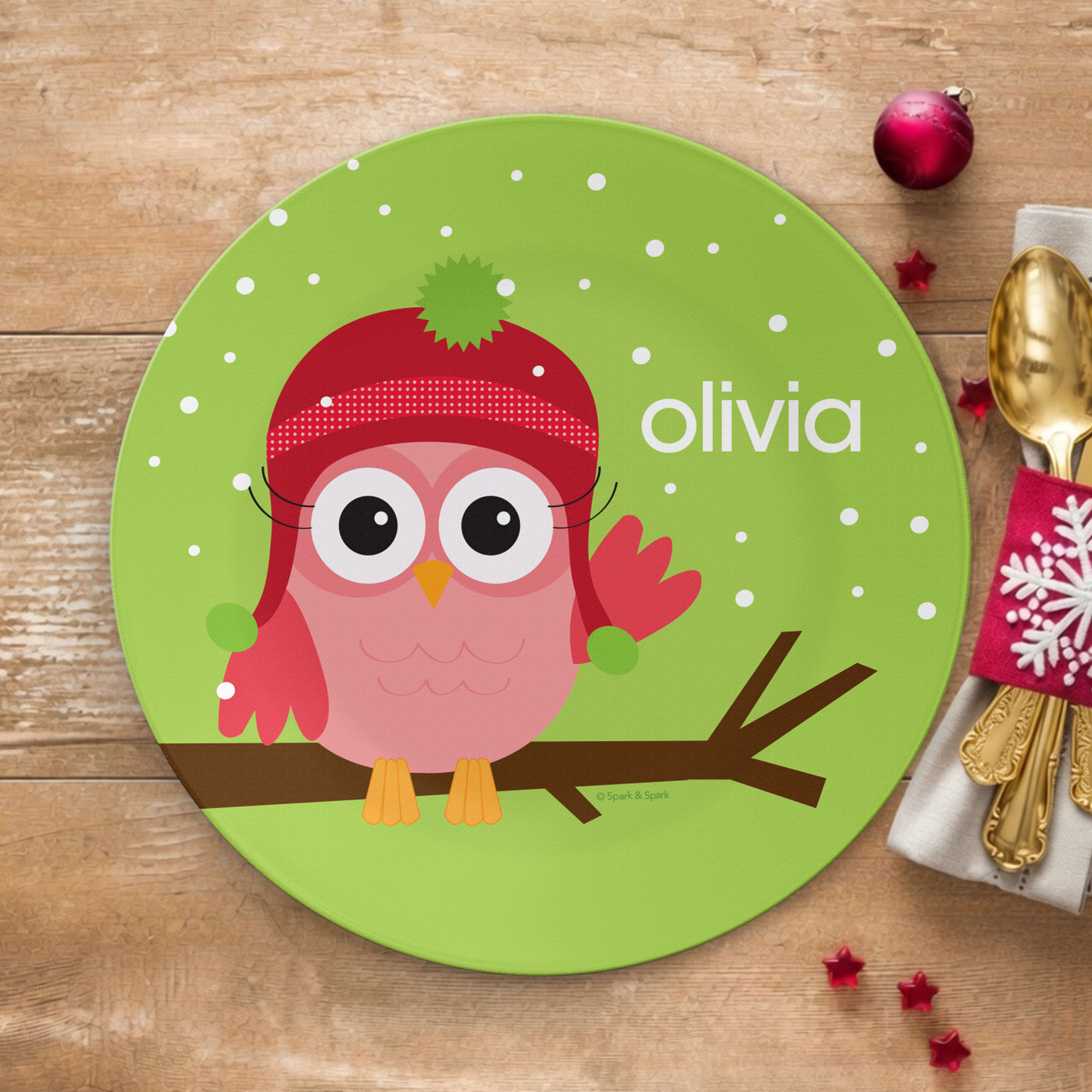 Xmas Baby Pink Owl Kids Plate