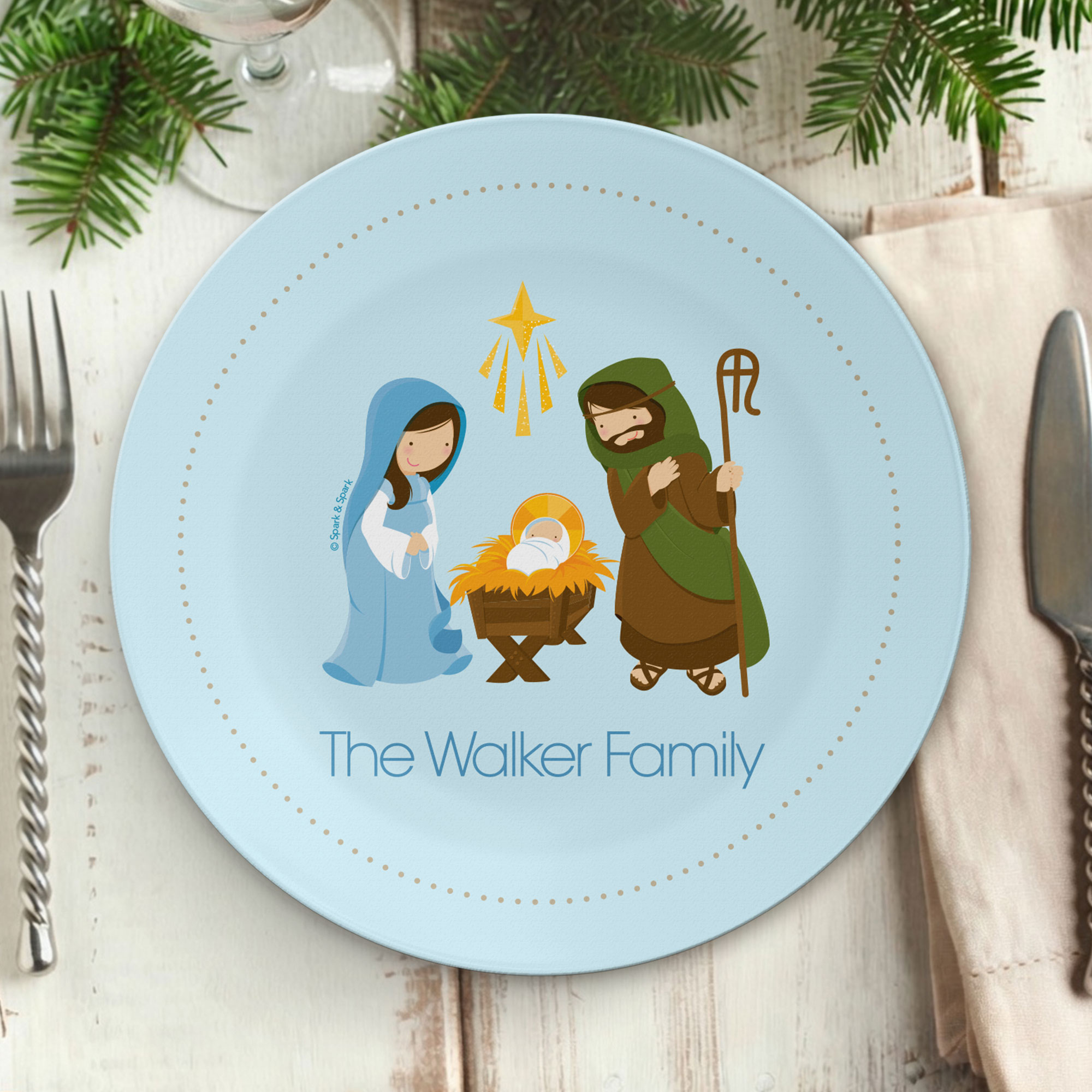 Sweet Blue Nativity Personalized Christmas plates