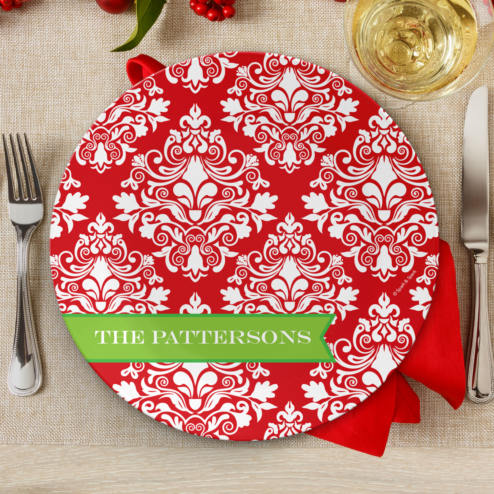 Red Damask Wonder Personalized Christmas plate