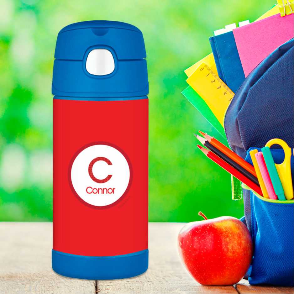 A Linen Red Letter Thermos Bottle