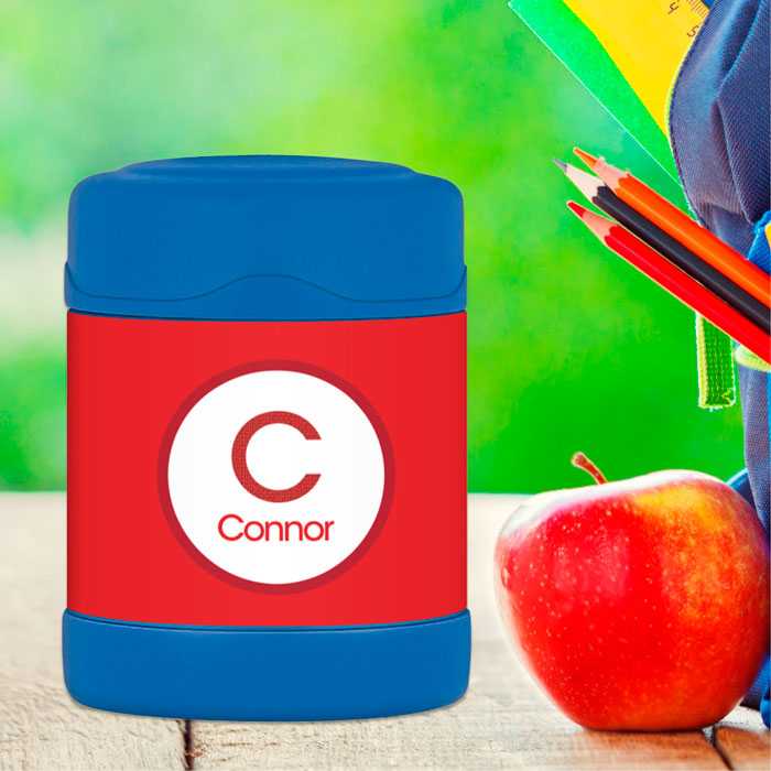 A Linen Red Letter Thermos Food Jar