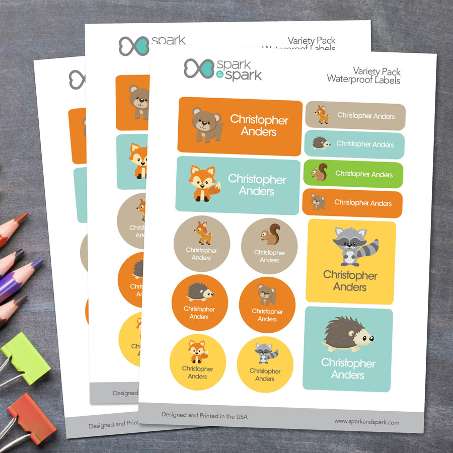 Cute Forest Animals Waterproof Labels Variety Pack (Set of 56)