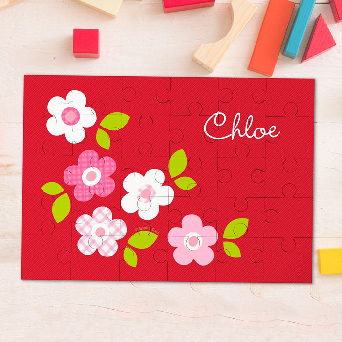 Preppy Flowers Red Personalized Puzzles