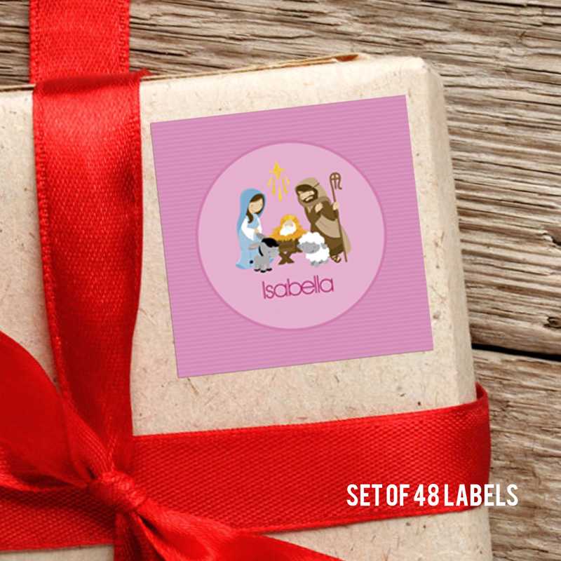 Nativity Set On Pink Square Gift Label Set