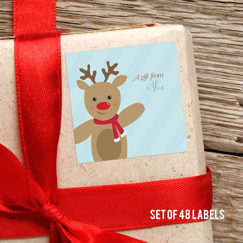 Sweet Raindeer On Blue Square Gift Label Set