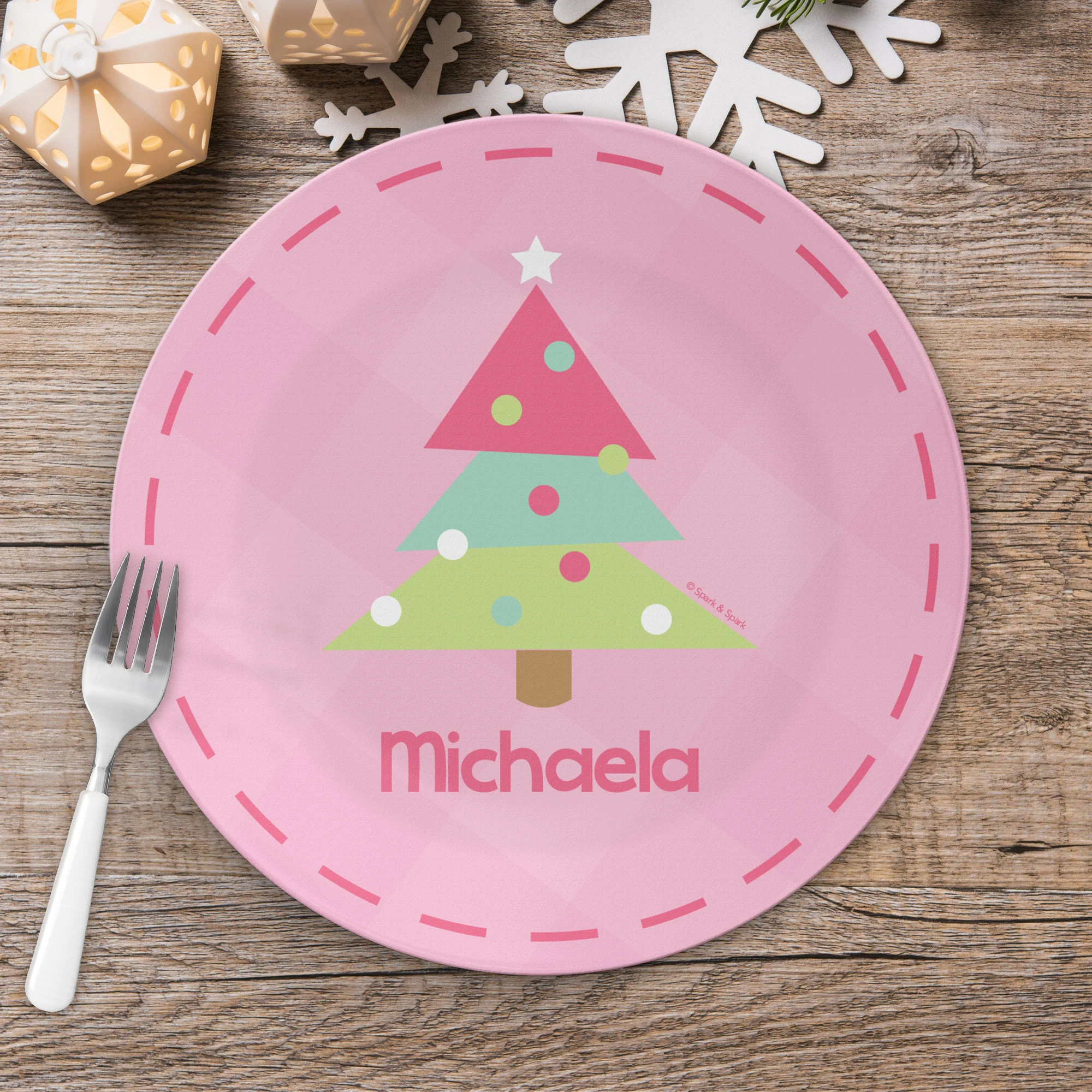 Modern Xmas Tree Pink Kids Plate