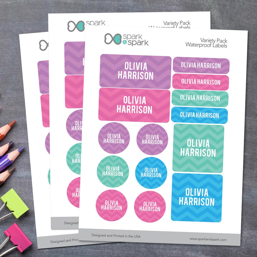 Girls Name on Chevron Pink Waterproof Labels Variety Pack (Set of 56)