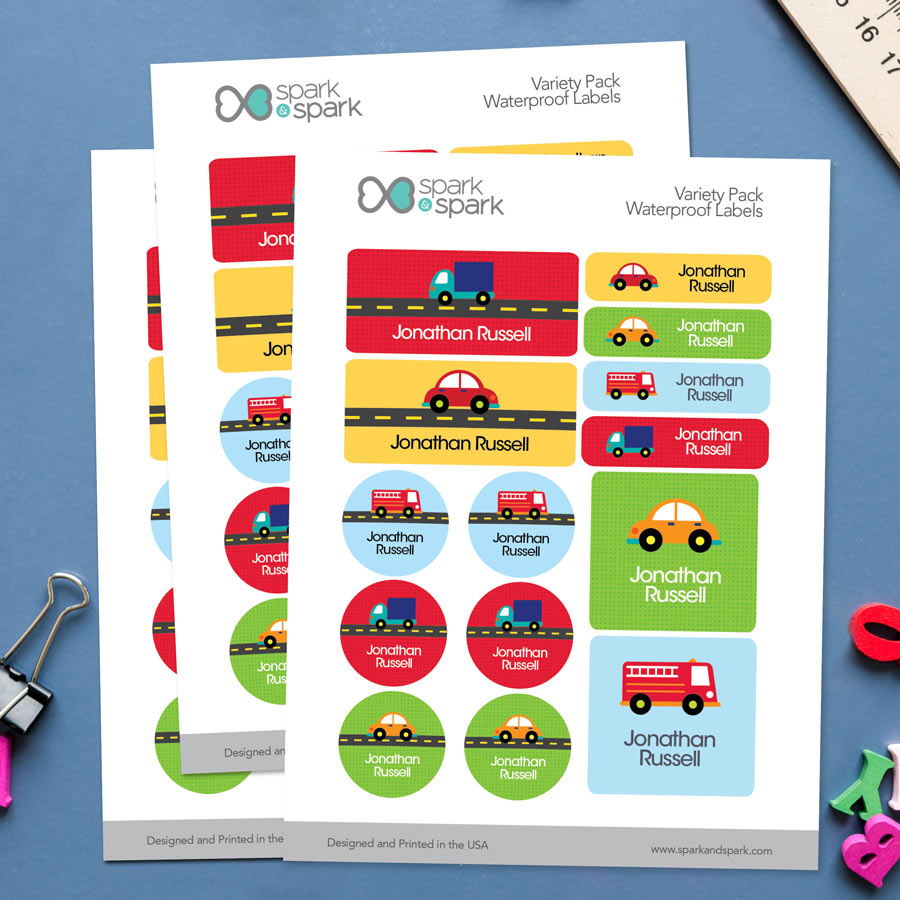 Cute Cars & Trucks Waterproof Labels Variety Pack (Set of 56)