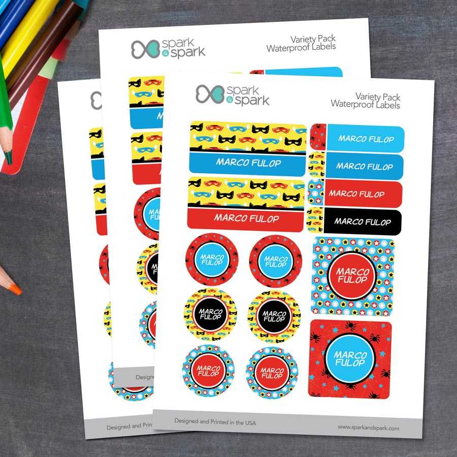 Super Hero Pattern Waterproof Labels Variety Pack (Set of 56)