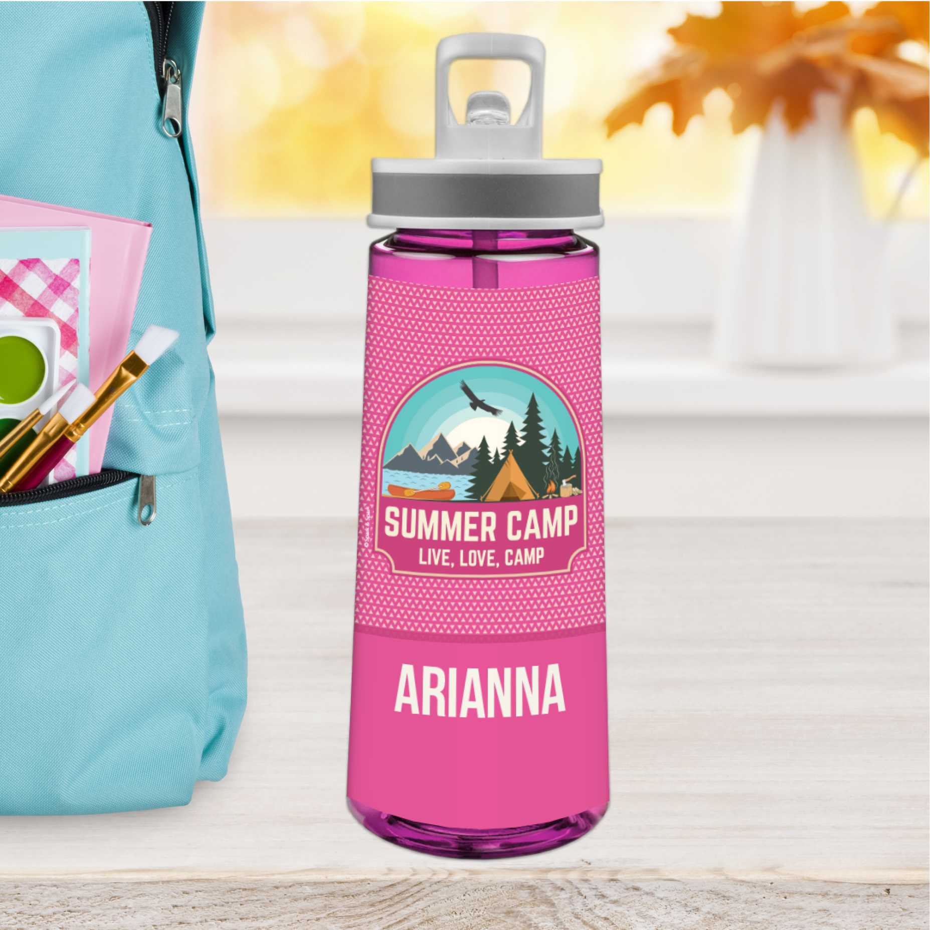 Live, Love, Camp Pink Sports Water Bottle
