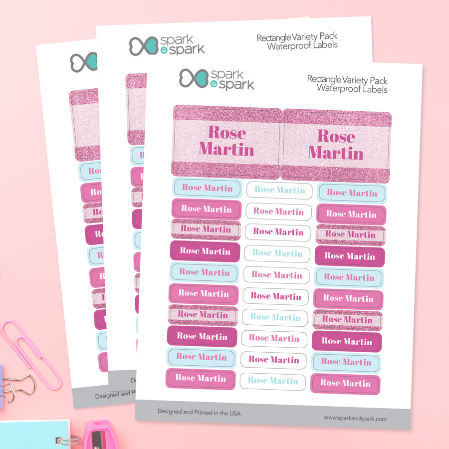 Glitter Pink Name Waterproof Labels Rectangular Pack (Set of 128)