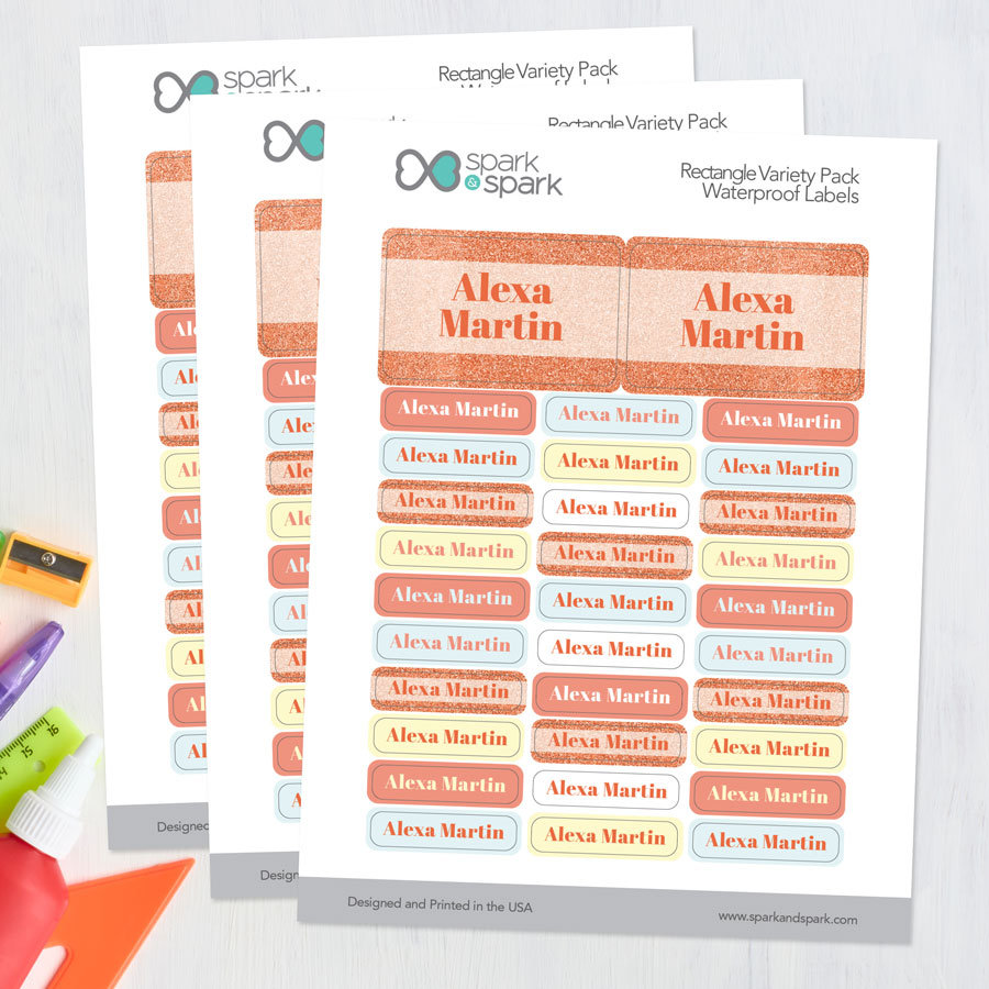 Glitter Orange Name Waterproof Labels Rectangular Pack (Set of 128)