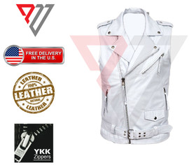 Men White Genuine Leather Motorcycle Vest/Slim Fit Sleeveless Jacket/Biker Vest