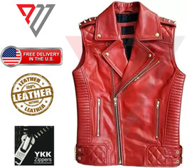 Men Red Genuine Leather Motorcycle Vest/Slim Fit Sleeveless Jacket/Biker Vests