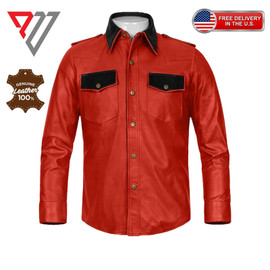 Men's Lambskin Soft Red Leather Slim Fit Full Sleeve Biker Casual Button Shirt