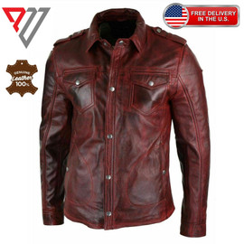 Men's Genuine Lambskin Soft Waxed Burgundy Leather Slim Fit Casual Shirt