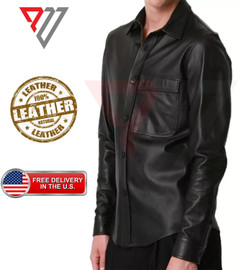 Men's Genuine Lambskin Soft Black Leather Slim Fit Full Sleeve Button Real Shirt