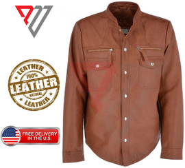 Men's Lambskin Soft Tan Leather Slim Fit Full Sleeve Biker Casual Button Shirt