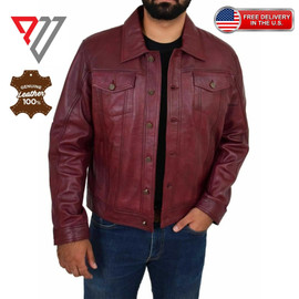 Men's Lambskin Burgundy Leather Slim Fit Full Sleeve Biker Casual Button Shirt