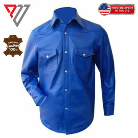 Men's Lambskin Soft Blue Leather Slim Fit Full Sleeve Biker Casual Button Shirt